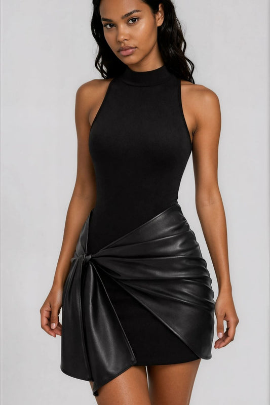 Women's Sleeveless Faux Leather Black Mini Dress