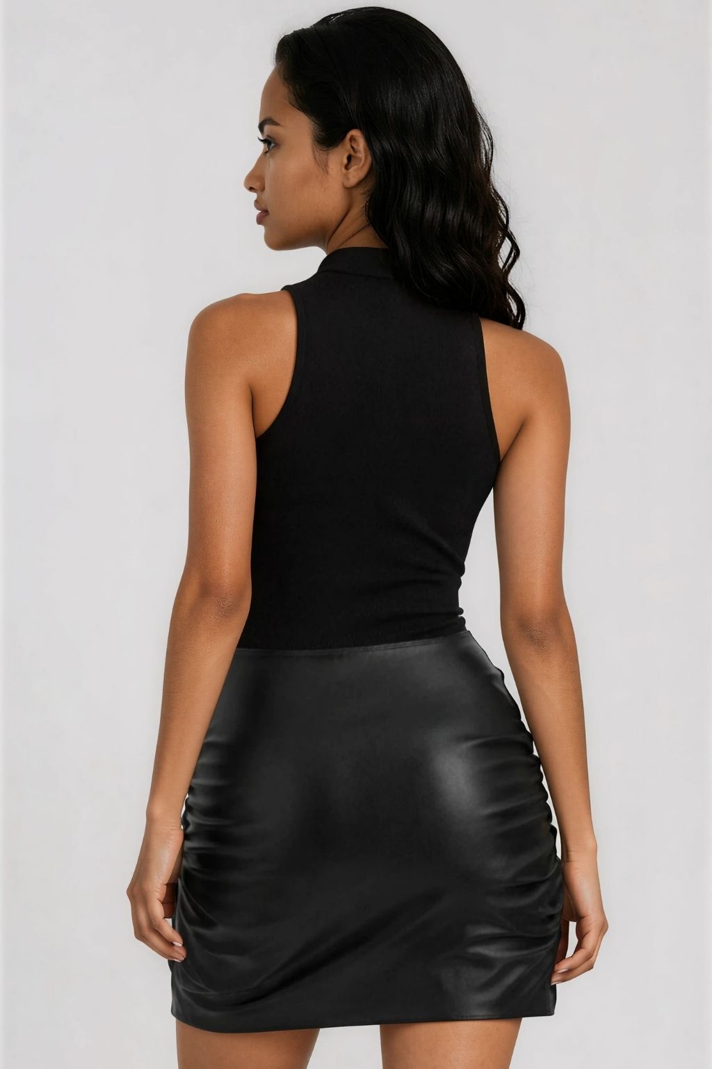 Women's Sleeveless Faux Leather Black Mini Dress