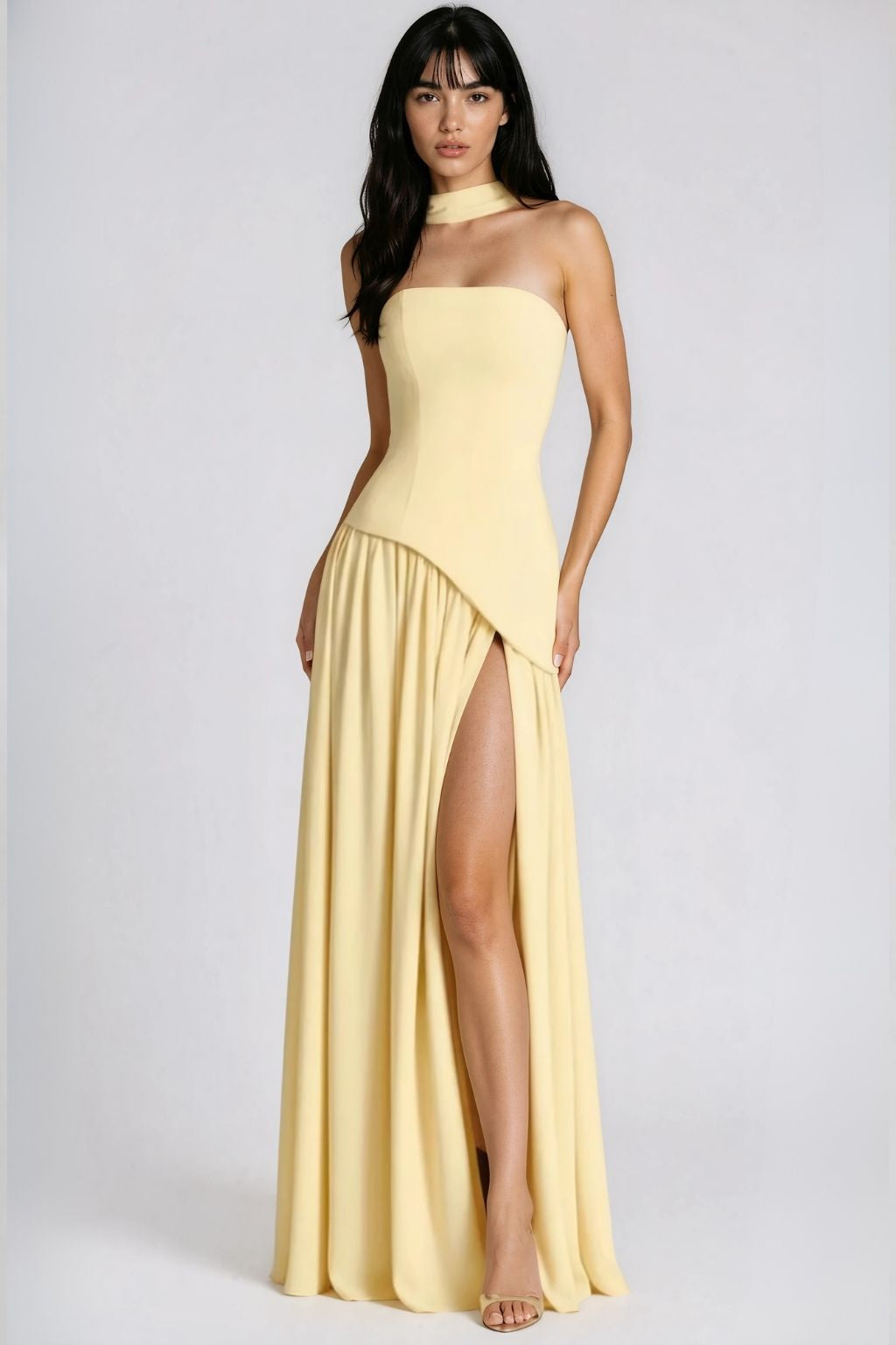 Strapless Slit Maxi Summer Dress in Yellow