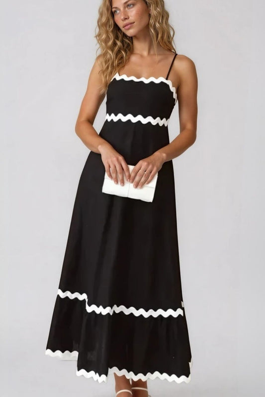 Women's Soft Mid Length Black Dress With White Ric-Rac Trim