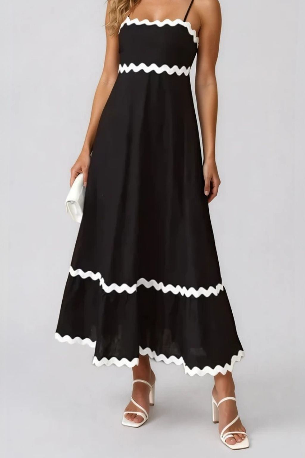 Women's Soft Mid Length Black Dress With White Ric-Rac Trim