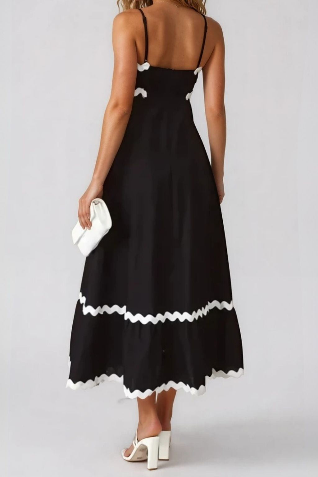 Women's Soft Mid Length Black Dress With White Ric-Rac Trim