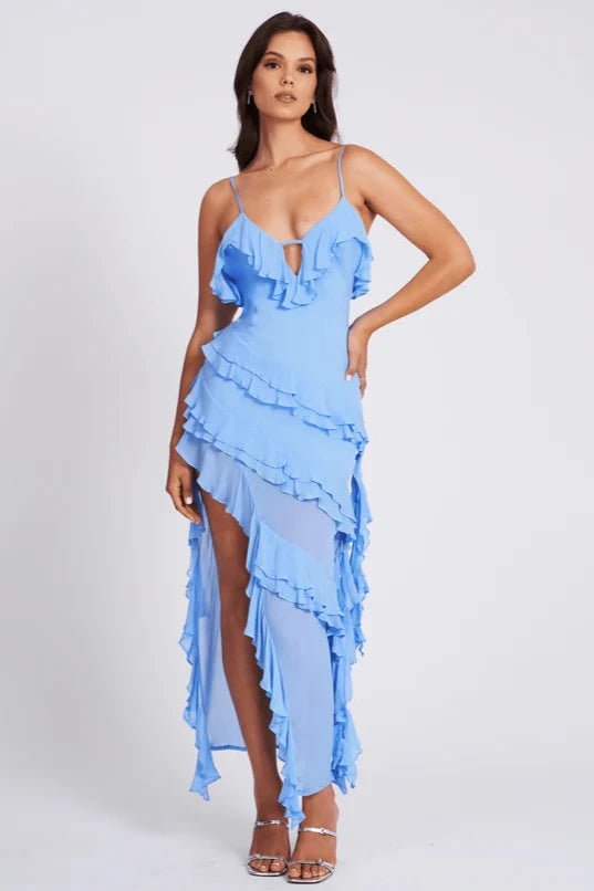 Light Blue Ruffled High Slit Maxi Dress
