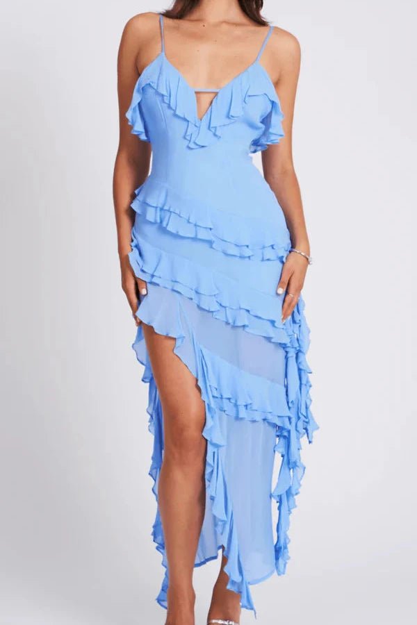 Light Blue Ruffled High Slit Maxi Dress