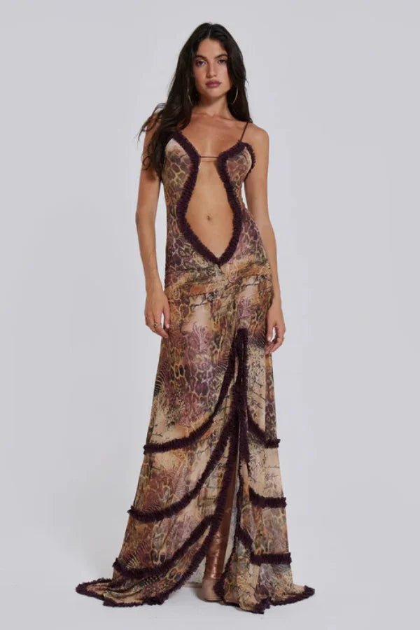 Exotic Boho Maxi Dress With Deep Front Cutout